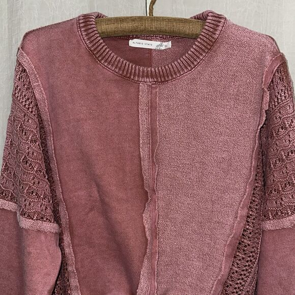 ALTAR’D STATE M Jenna Ash Rose Pink Stone Washed Crochet Pieced Crewneck Top - Picture 11 of 16